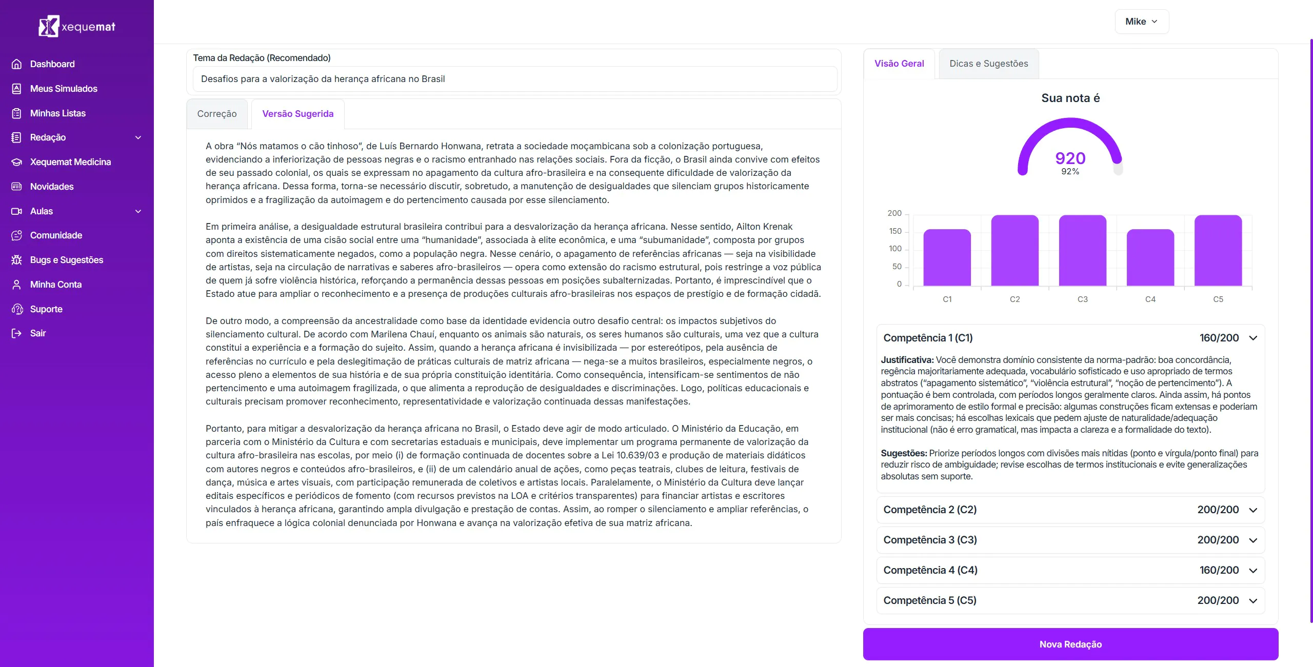 Correção de redação com nota e competências